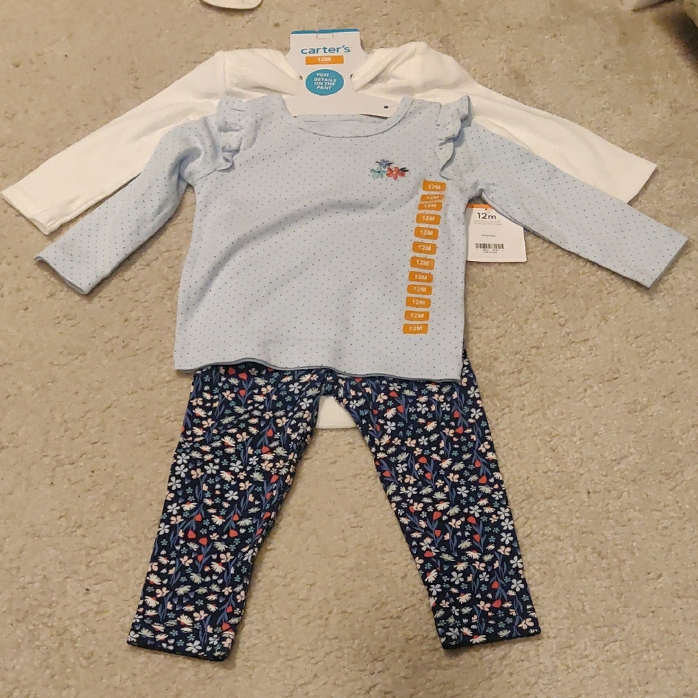 New!Carter's Baby Girl Outfit Set - Blue Polkadot White Floral Leggings 12m